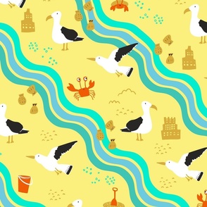 Trip to the Beach - Sea Gulls and Crabs - Sandcastles and Sea Shells - Diagonal Waves - Retro Eclectic Yellow and Aqua