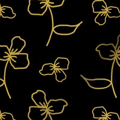 Black Gold Floral Flowers Line Drawing Art 