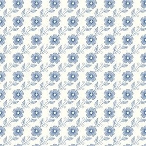 Blue Diagonal Floral Doodle Blossoms on Cream