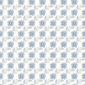 Light Blue Diagonal Floral Doodle blossoms on Cream