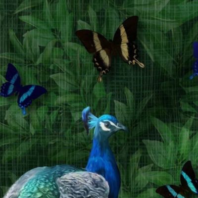 Dark Maximalist Interior Decor, Dark Rich Botanical Bird Garden, Exotic Woodland Sapphire Blue Creatures, Magical Nature Print, Enchanted Emerald Green Forest, Fairy Tale Blue Butterfly Woodland, Elegant Peacock Bird Summer Paradise, LARGE SCALE