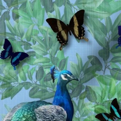 Male Peacock Art Wal Mural, Peacock Blue Emerald Green Enchanted Forest, Fairytale Woodland, Whimsical Ornamental Birds, Moody Floral Peacock Feathers, Antiqued Foliage, Floral Botanical Garden, Butterfly Garden Paradise, Wildflower Art, LARGE SCALE