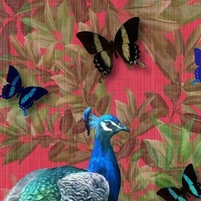 Whimsical Forest Creatures, Victorian Maximalist Peacock Garden Painted Foliage, Butterfly Wall Art, Maximalist Painted Floral Antique Style Bird Garden, Elegant Boho Chic Wild Peacock Birds, Ornamental Leafy Blooms, Opulent Blue Bird Design, LARGE SCALE