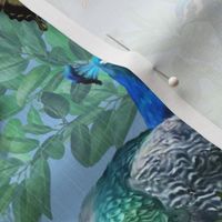 Victorian Sky Blue Vibrant Green Maximalist Peacock Garden, Painted Floral Antique Style Bird Garden, Luxury Peacock Wallpaper, Luxurious Blue Green Peacock Paradise, Bold Dramatic Decorative Leafy Floral, Elegant Boho Chic Wild Peacock Birds MEDIUM SCALE