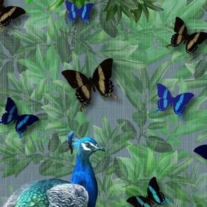 Blue Green Peacock Nouveau, Elegant Design Peacock Tail Feathers, Emerald Green Tropical Peacock Forest, Magical Exotic Secret Garden, Decorative Leafy Floral, Elegant Wild Peacock Birds, Vibrant Emerald Green, Peacock Bird Summer Paradise, MEDIUM SCALE