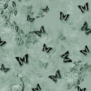 Teal Forest Birds, Big Birds Butterfly Forest, Muted Teal Peacock Toile, Floral Home Decor Tropical Butterflies Animal Forest, Artistic Wild Bird Mural, Elegant Green Butterfly and Peacock Fantasy Garden, Symbolic Wild Peacock Bird Forest Toile De Jouy