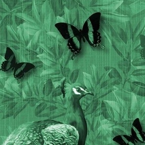 Green Peacock Bird Monochrome Toile, Opulent Dark Emerald Jewel Toned Green Whimsical Victorian Goth Landscape Mural, Maximalist Leafy Fall Decor, Whimsical Butterfly Garden Interior, Mysterious Exotic Peacock Bird Painting, LARGE SCALE