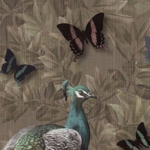 Peacock Birds, Luxury Painterly Style Butterfly Art, Magical Peacock Blue Forest Tree Leaves, Warm Earth Brown Butterfly Moth Garden, Tranquil Flying Butterflies, Colorful Botanical Ornamental Forest, Peacock Tail Feathers, Country Estate Birds, LARGE