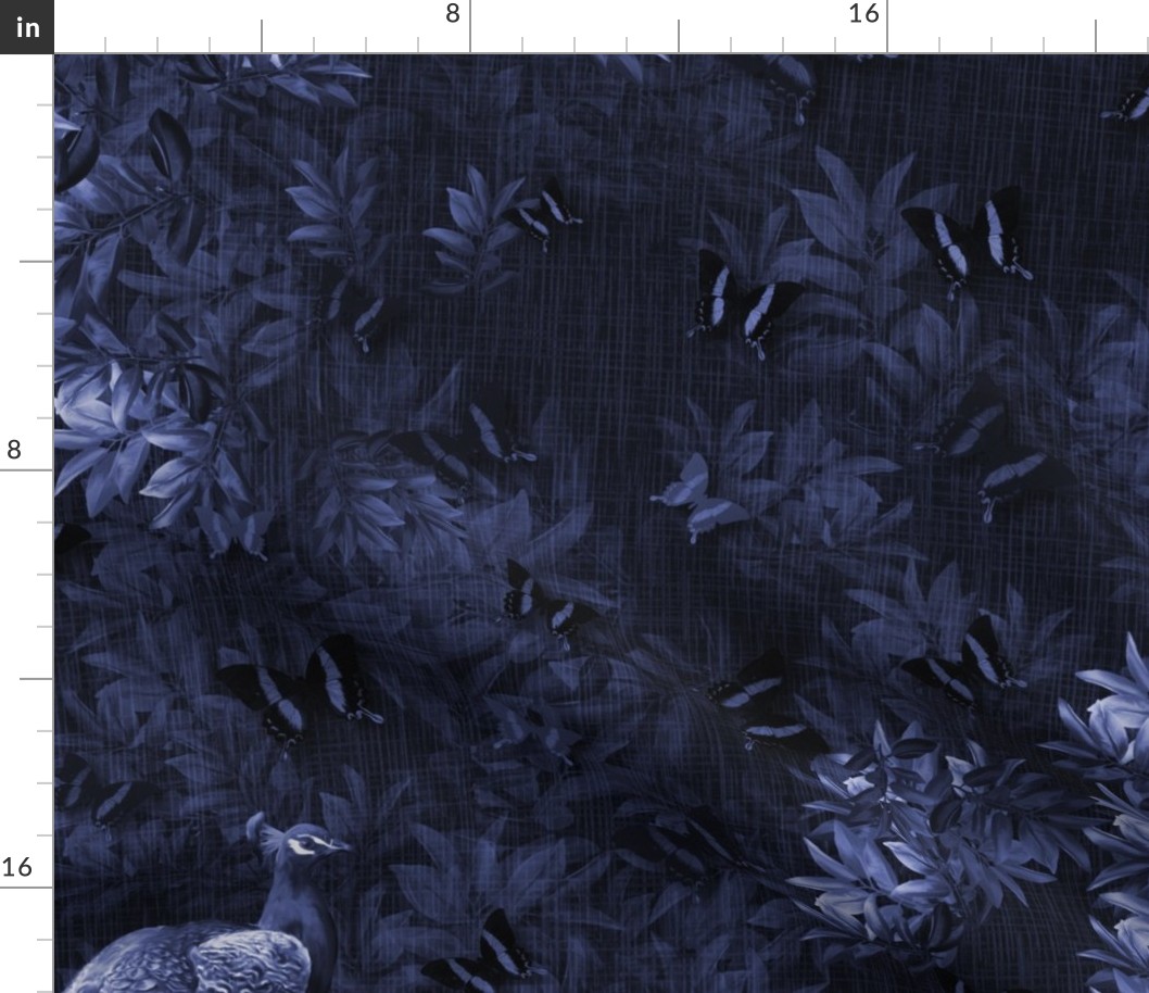 Dark Royal Midnight Blue Night Sky, Luxury Wall in Painterly Style, Dark Botanic Forest leaves, Tropical Flying Butterfly, Vintage Summer Romantic Country Living, Opulent Peacock Pattern,  LARGE SCALE