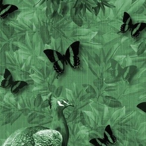 Emerald Green Forest Butterfly Woodland Wonderland, Flying Butterflies Natural Habitat, Opulent Monochrome Dark Green Peacocks, Luxurious Interior DecorMEDIUM SCALE