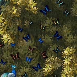 Luxe Golden Saffron Peacock Birds Mural, Opulent Art Peacock Blue Jewel Tones, Citrine Gold Autumn Leaves, Flying Butterfly Magical Forest, MEDIUM SCALE