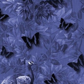Painted Butterfly Peacock Garden, Opulent Navy Blue Birds and Blooms Wildlife Wallpaper, Dark and Moody Secret Bird Garden, Monochrome Blue Linen Texture Animal Pattern, SMALL SCALE