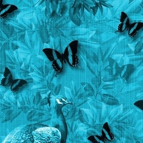 Azure Blue Painted Butterflies, Ornamental Peacock Feathers and Butterfly Wallpaper, Romantic Monochromatic Forest Trees, Exotic Endangered Ornamental Birds, MEDIUM SCALE