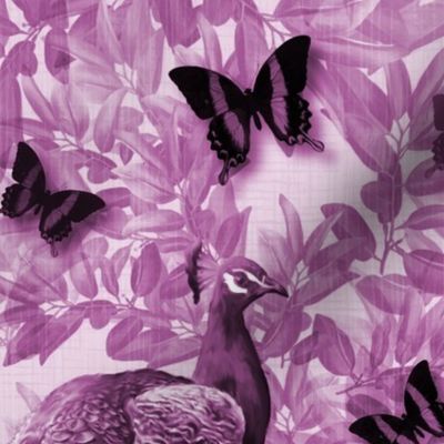Romantic Dark Purple Wild Woodland Forest, Endangered Peacock Birds, Dreamy Mulberry Forest Trees, Mauve Pink Orchid Monochrome Botanic Garden Toile De Jouy, LARGE SCALE