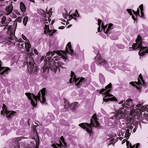 Romantic Dark Purple Wild Woodland Forest, Endangered Peacock Birds, Dreamy Mulberry Forest Trees, Mauve Pink Orchid Monochrome Botanic Garden Toile De Jouy, LARGE SCALE