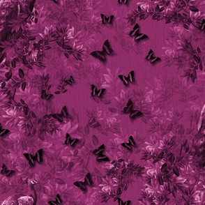 Butterflies Silhouettes and Peacock Feathers, Wild Romantic Violet Cerise Monochrome Forest, Endangered Exotic Birds, Magical Fuchsia Pink Garden, Whimsical Butterfly Romanticism, Enchanted Peacock Forest, LARGE SCALE