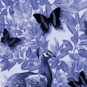 Luxurious Peacock Midnight Blue White Toile De Jouy, Large Linen Textured Leafy Foliage, Flying Butterfly Mural, Whimsical Woodland Forest, Country House Decor, LARGE SCALE