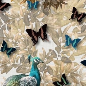 Luxury Birds and Blooms Wall Decor, Honey Cinnamon Yellow Butterfly and Peacock, Exotic Animal Botanical Wild Woodland, Large LinenTextured Floral Secret English Cottage Garden, MEDIUM SCALE