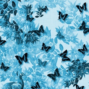 Birds and Blooms Secret Garden Luxe Wall Mural, Exotic Azure Blue Botanical Wild Woodland, Sky Blue Monochrome LinenTextured Leafy Forest, Romantic Butterfly and Peacock Bird Pattern, LARGE SCALE