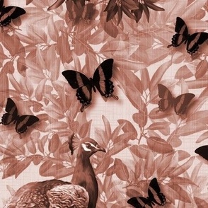 Modern Butterfly and Peacock Toile De Jouy, Exotic Wild Animal Peacocks, Luxurious Warm Earth Brown Monochrome Peacock Woodland Paradise, Vintage Luxe Birds of Paradise, Lush English Countryside Forest Birds, Historical Royal Symbol, MEDIUM SCALE