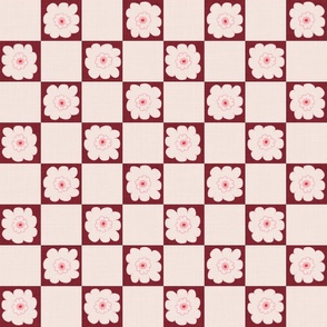 MEDIUM:Cute Textured Light pink Bubble Flower on burgundy Checkered square on Checkerboard