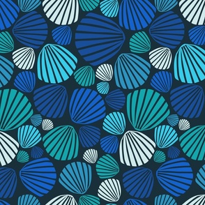 (M) Blue, green, and teal scallop shells tossed on dark charcoal blue for home decor and apparel.