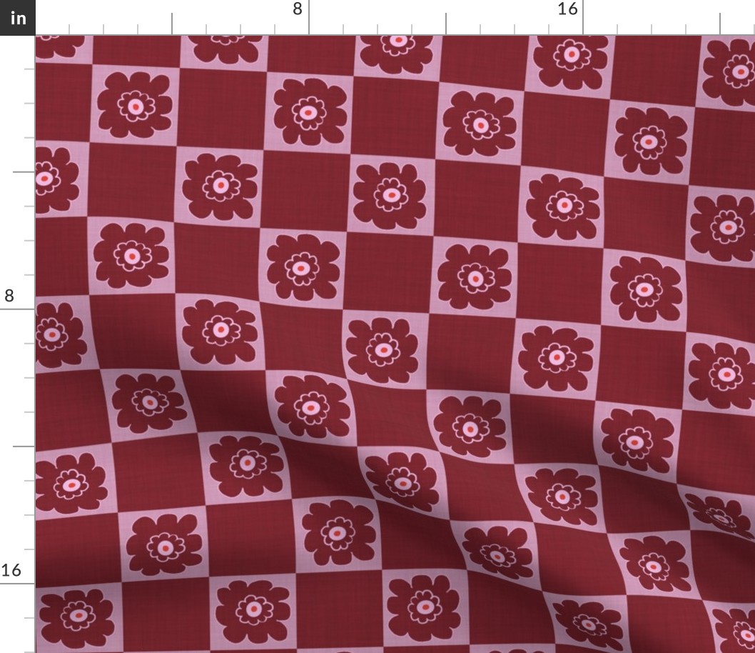MEDIUM:Cute Burgundy Bubble Flower on puce Checkered square on pink burgundy textured Checkerboard