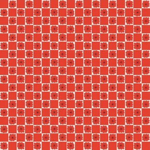 SMALL:Cute textured Red Bubble Flower on white Checkered square on Red and White Checkerboard