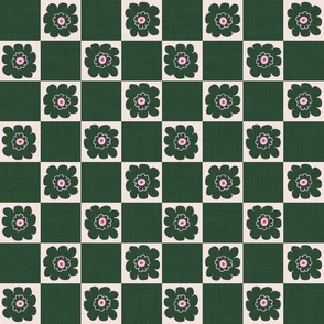 MEDIUM:Cute Forest green Bubble Flower on cream Checkered square on green white textured Checkerboard