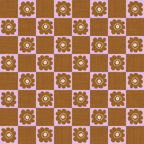 MEDIUM:Cute coffee Brown Bubble Flower on pink Checkered square on textured Checkerboard