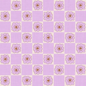 MEDIUM:Cute blush pink Bubble Flower on cream Checkered square on textured Checkerboard