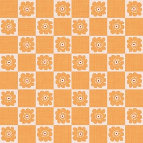 MEDIUM:Cute apricot Bubble Flower on cream Checkered square on orange cream textured Checkerboard