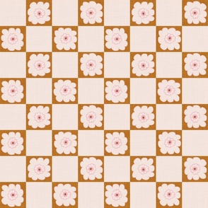 MEDIUM:Cute light pink Bubble Flower on brown Checkered square on textured Checkerboard