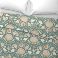 Beach Treasures coastal - shells, seaweeds and coral - neutrals on opal shadow, teal green - large