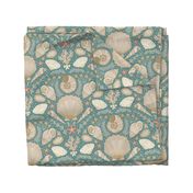 Beach Treasures coastal - shells, seaweeds and coral - neutrals on opal shadow, teal green - large