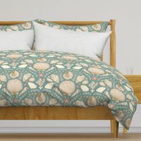 Beach Treasures coastal - shells, seaweeds and coral - neutrals on opal shadow, teal green - large