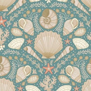 Beach Treasures coastal - shells, seaweeds and coral - neutrals on opal shadow, teal green - large