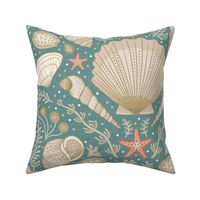 Beach Treasures coastal - shells, seaweeds and coral - neutrals on opal shadow, teal green - extra large