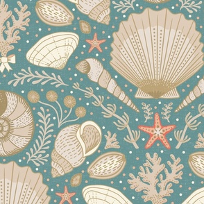 Beach Treasures coastal - shells, seaweeds and coral - neutrals on opal shadow, teal green - extra large