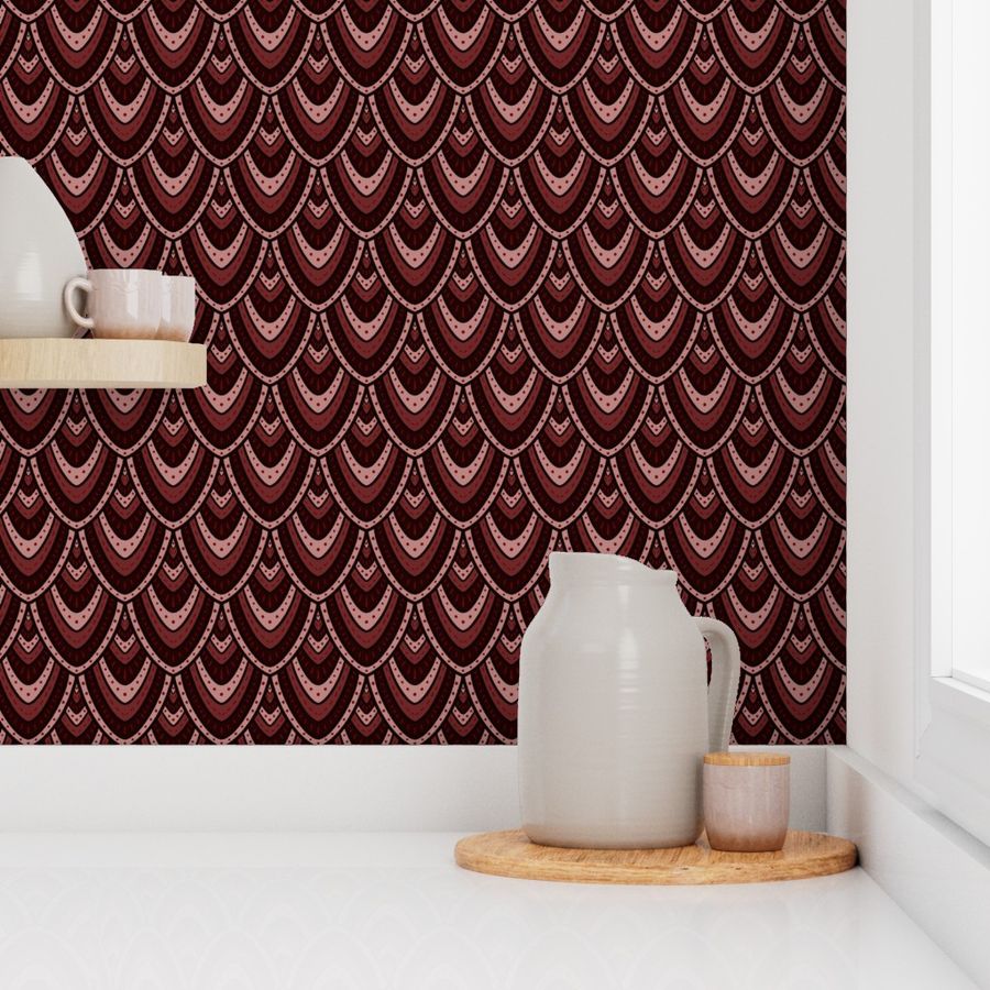 Large stylised mermaid scales in light and dark Burgundy