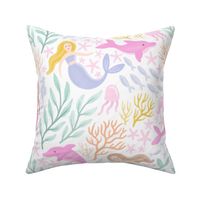 Mermaids and Dolphins in a Bright Coral Reef