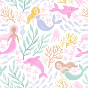 Mermaids and Dolphins in a Bright Coral Reef