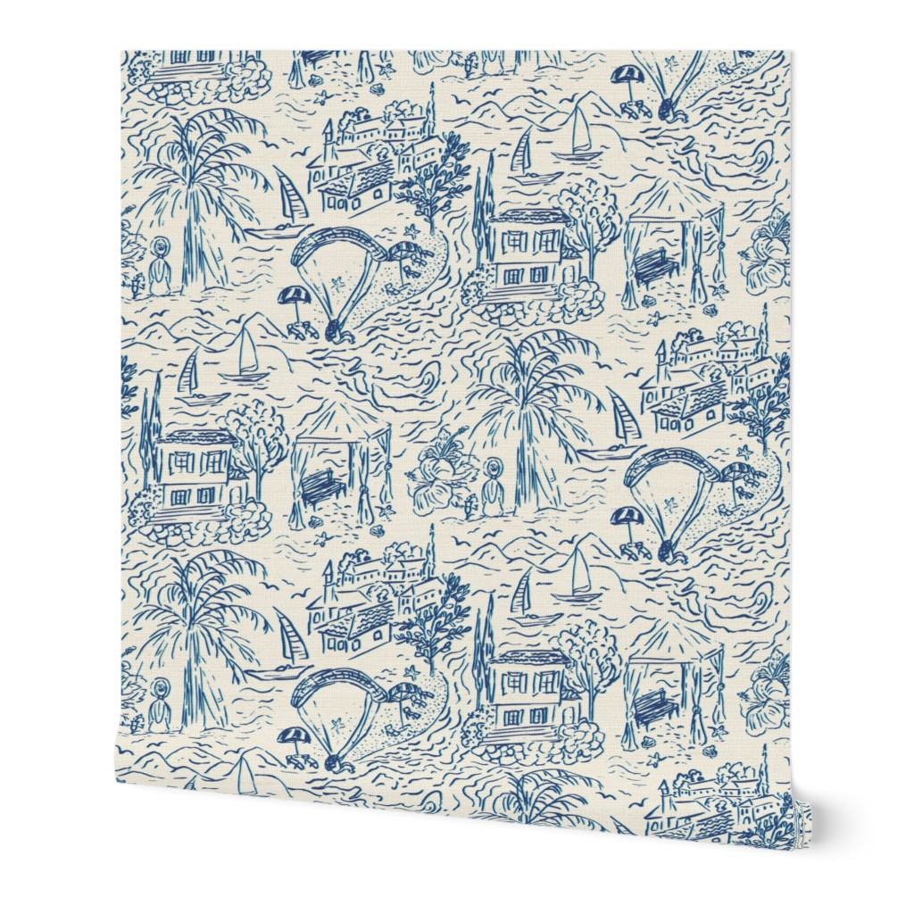 Turkish Sea Side Toile de Jouy in Blue and Creme White