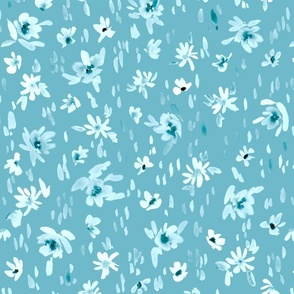 Handpainted Watercolor Ditsy Florals in Tossed Design | Verditer Blue Monochrome | Medium Scale