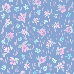 Handpainted Watercolor Ditsy Florals in Tossed Design | Pastel Shades on Periwinkle Blue | Medium Scale