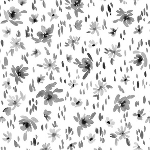 Handpainted Watercolor Ditsy Florals in Tossed Design | Black and White | Medium Scale