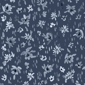 Handpainted Watercolor Ditsy Florals in Tossed Design | Navy Blue Monochrome | Medium Scale