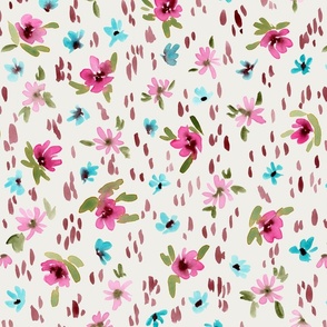 Handpainted Watercolor Ditsy Florals in Tossed Design | Pink, Green, Blue on Cream White  | Medium Scale