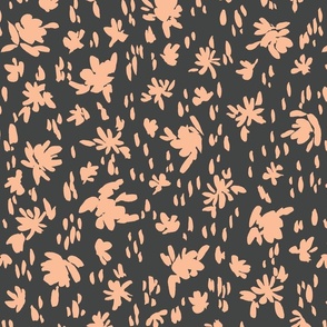 Handpainted Watercolor Ditsy Florals Silhouette in Tossed Design | Peach Fuzz on Dark Grey | Medium Scale