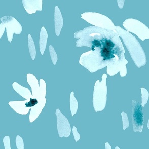 Handpainted Watercolor Ditsy Florals in Tossed Design | Verditer Blue Monochrome | Jumbo Scale